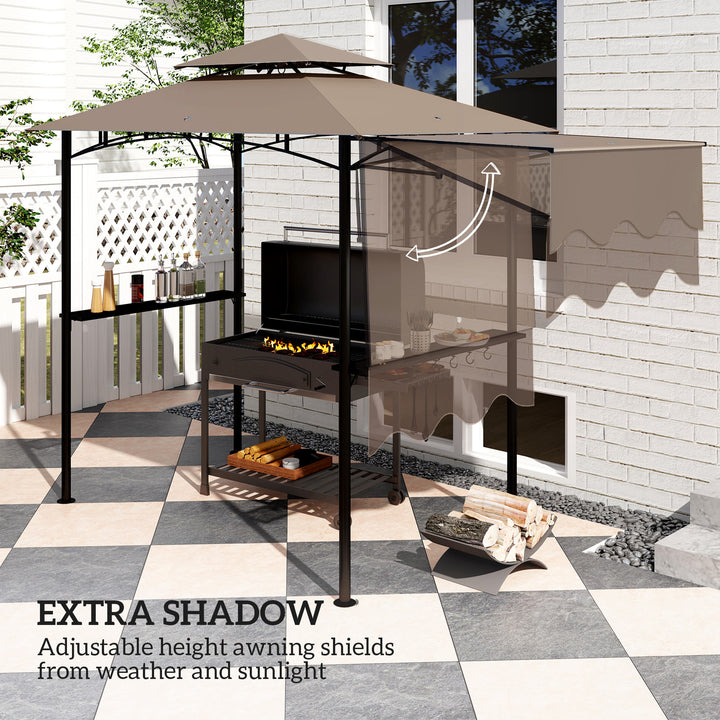 Outsunny 8' x 5' Grill Gazebo, Double Tiered Barbecue Grill Gazebo Shelter with Side Awning, 2 Side Shelves, 6 Hooks, Khaki
