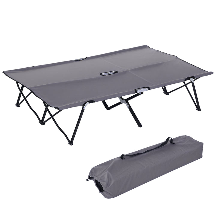 Outsunny 76" Two Person Folding Camping Cot Outdoor Portable Double Cot Wide Military Sleeping Bed w/ Carrying Bag Grey