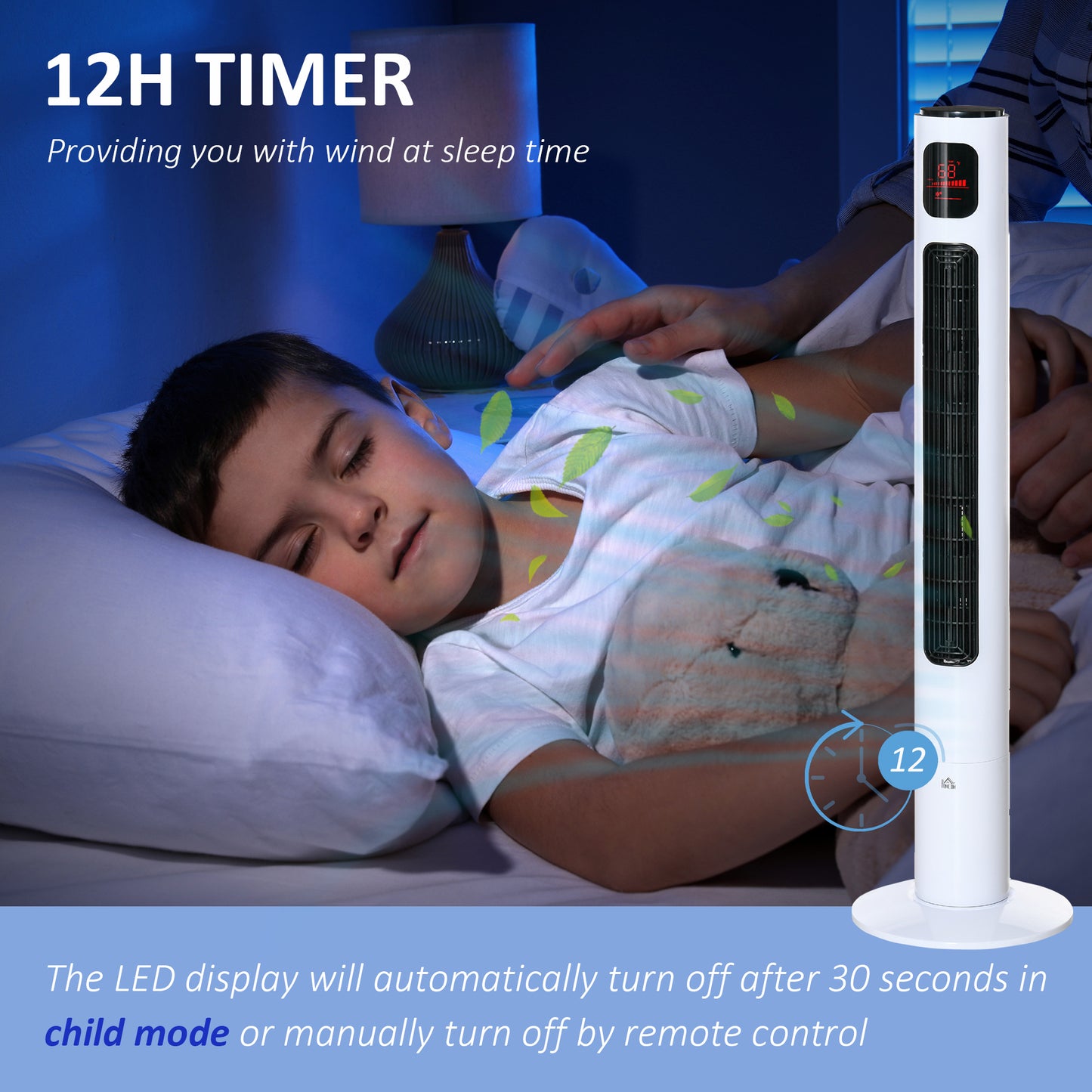 HOMCOM Freestanding Tower Fan Cooling for Home Bedroom with Oscillating, 3 Speed, 12h Timer, LED Sensor Panel, Remote Controller, White