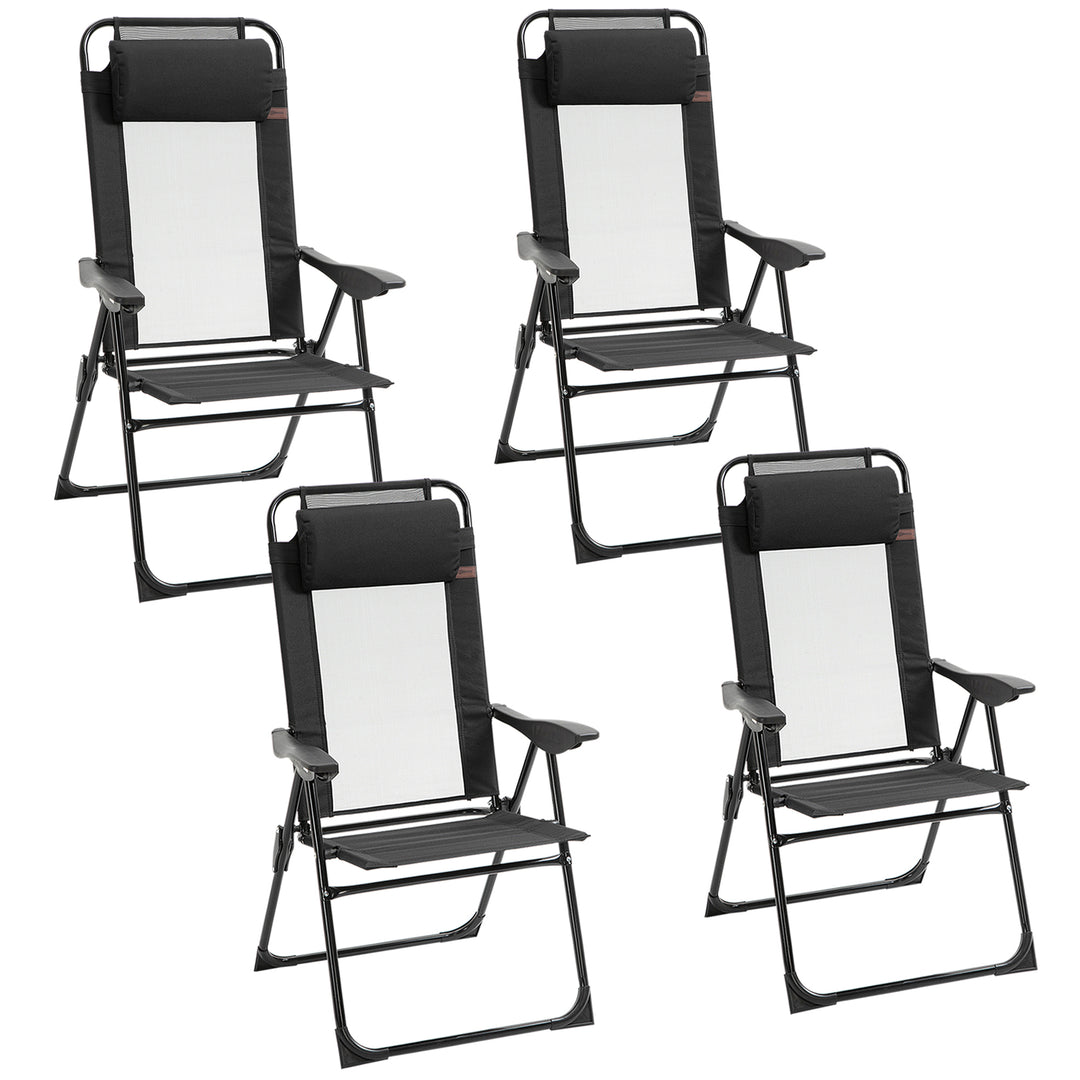 Outsunny Set of 4 Camping Chairs, Outdoor Folding Lounge Chair Set with 5 Level Adjustable Backrest, Removable Headrest, Armrest for Camping, Backyard, Black