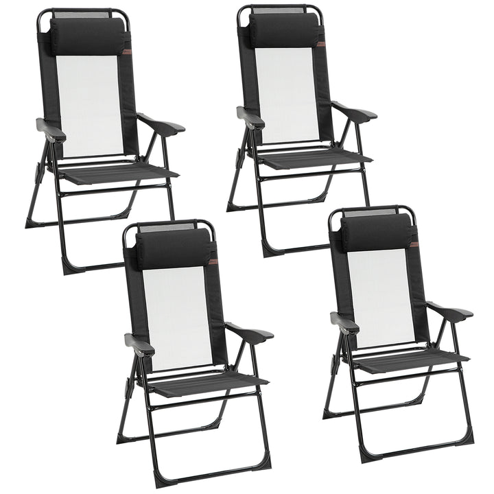 Outsunny Set of 4 Camping Chairs, Outdoor Folding Lounge Chair Set with 5 Level Adjustable Backrest, Removable Headrest, Armrest for Camping, Backyard, Black