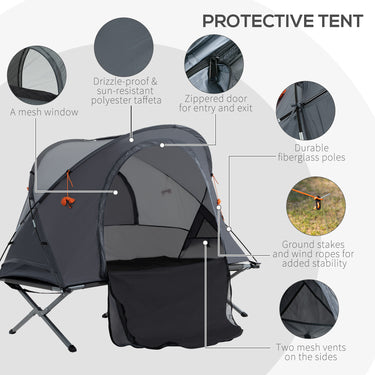 Outsunny Camping Tent Cot, Multifunctional Folding Tent Combo, Portable Off-Ground Tent Shelter with Self-Inflating Air Mattress and Carry Bag for 1 Person