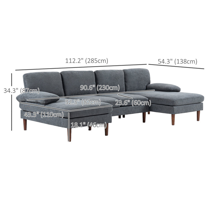 HOMCOM U Shape Couch with Double Chaise Lounge, Modern 4 Seater Sofa with Wooden Legs, Fabric Sofa for Living Room, Dark Grey