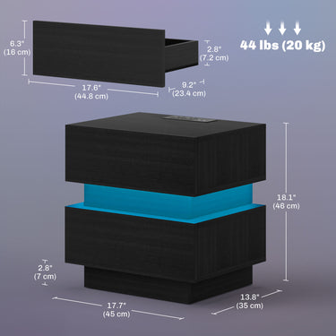 HOMCOM Bedside Table with Charging Station and LED Light Modern Nightstand with USB Ports AC Outlets Drawers Remote, Black