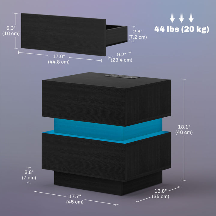 HOMCOM Bedside Table with Charging Station and LED Light Modern Nightstand with USB Ports AC Outlets Drawers Remote, Black