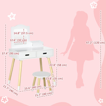 Qaba Kids Vanity Set with Mirror and Stool, Makeup Dressing Table with Drawers for Children Aged 3-6 Years, White