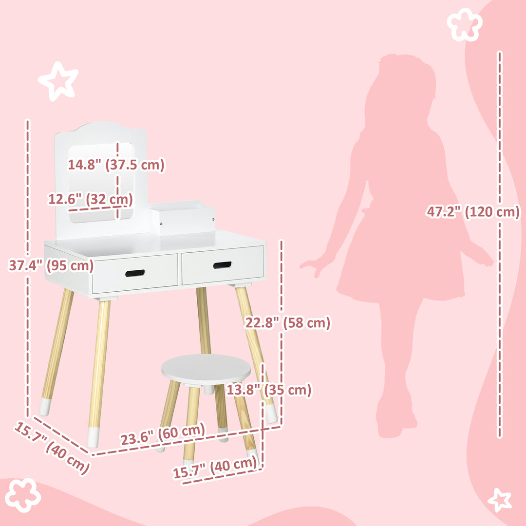 Qaba Kids Vanity Set with Mirror and Stool, Makeup Dressing Table with Drawers for Children Aged 3-6 Years, White