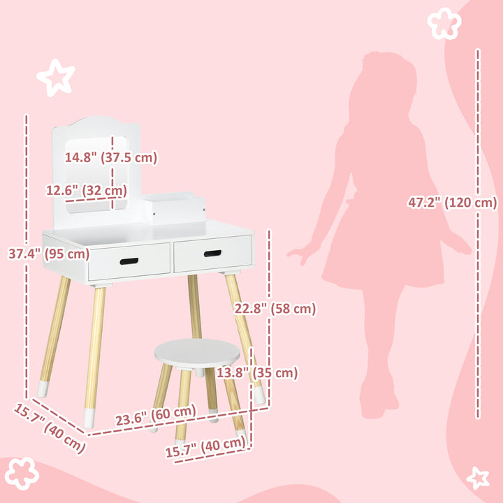 Qaba Kids Vanity Set with Mirror and Stool, Makeup Dressing Table with Drawers for Children Aged 3-6 Years, White