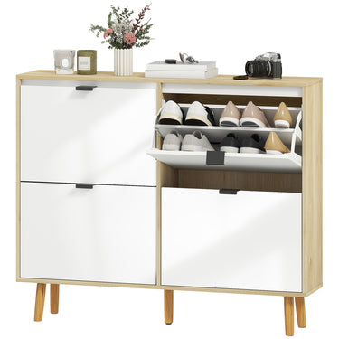 HOMCOM Narrow Shoe Cabinet, High Gloss Shoe Storage Cabinet with 4 Flip Drawers and Adjustable Shelves, Holds 20 Pairs, White