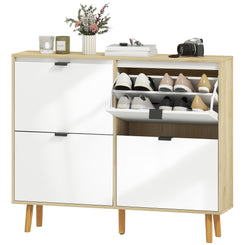 HOMCOM Narrow Shoe Cabinet, High Gloss Shoe Storage Cabinet with 4 Flip Drawers and Adjustable Shelves, Holds 20 Pairs, White