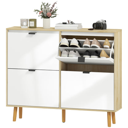 HOMCOM Narrow Shoe Cabinet, High Gloss Shoe Storage Cabinet with 4 Flip Drawers and Adjustable Shelves, Holds 20 Pairs, White