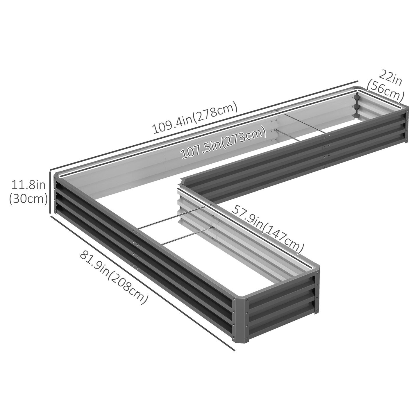 Outsunny L-Shaped Raised Garden Bed, 82" x 109" x 12" Galvanized Steel Planter Box with Multi-reinforced Rods for Vegetables, Flowers and Herbs, Dark Grey