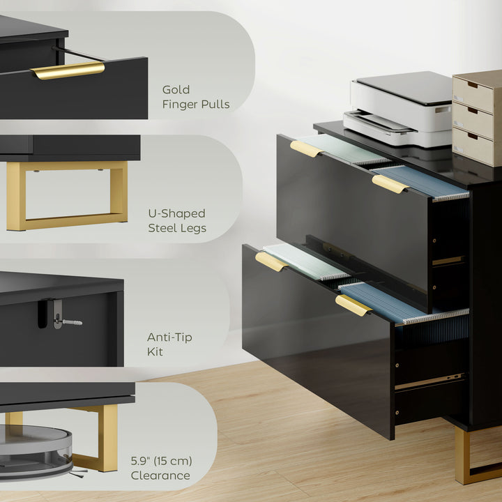 HOMCOM Lateral File Cabinet with 2 Drawers, Modern Filing Cabinet for Letter/A4/Legal Size Files, High Gloss Black
