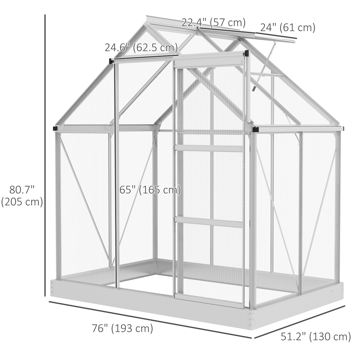 Outsunny 6' x 6' Walk-In Greenhouse, Polycarbonate Greenhouse with Sliding Door, Window, Aluminium Frame, Foundation, Silver