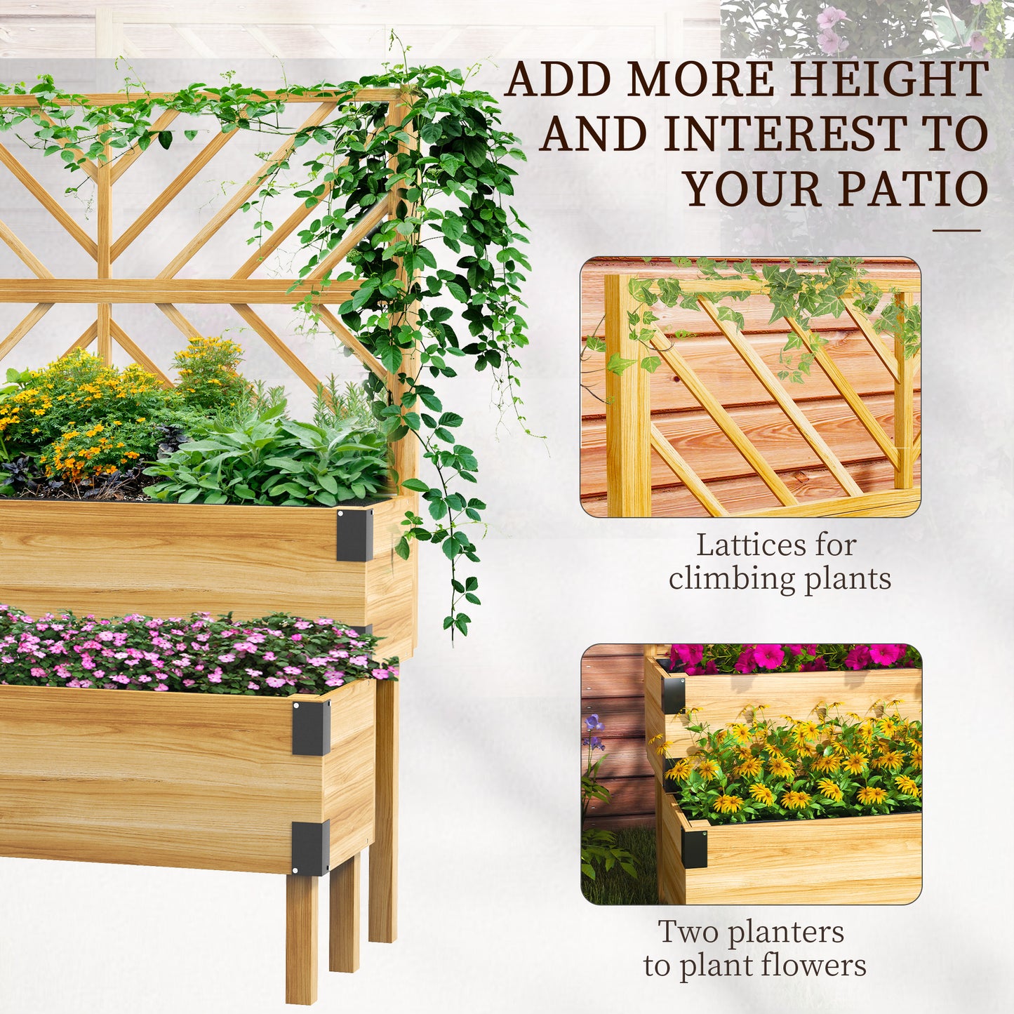 Outsunny Raised Garden Bed with Trellis, 2 Tier Wooden Elevated Planter Box  for Vegetables, Flowers, Herbs, Grey