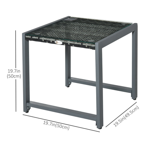 Outsunny Rattan Coffee Table, Wicker Patio Side Table with Tempered Glass Top and Aluminum Frame for Outdoor, Garden, Gray