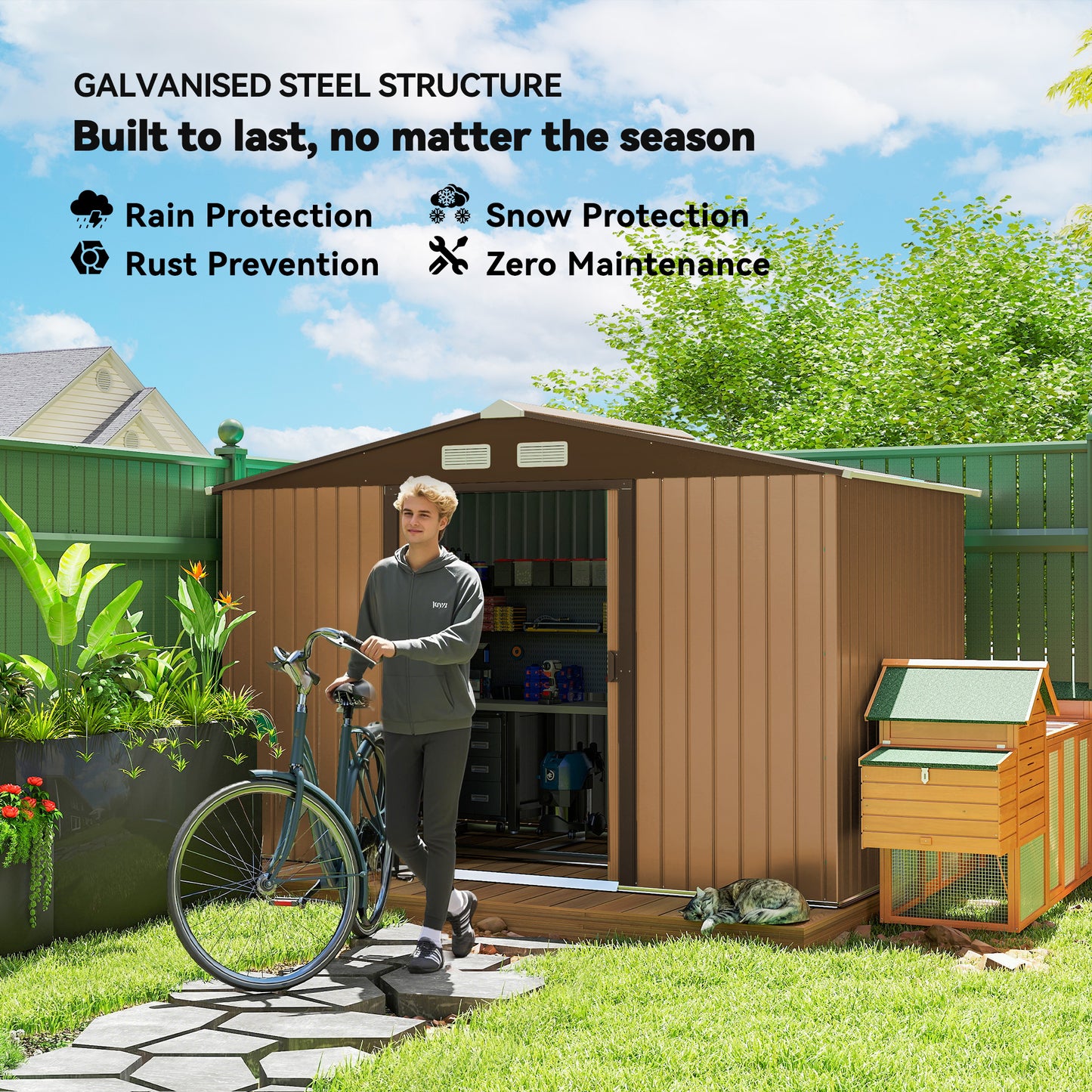 Outsunny 9.1'x6.4'x6.3' Garden Storage Shed w/ Floor Foundation Metal Tool Storage House w/ Double Doors Dark Grey Yellow