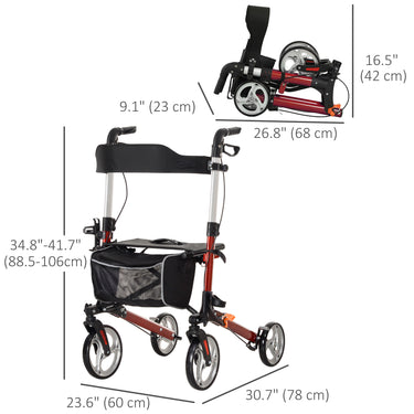 HOMCOM Lightweight Folding Rolling Walker with Large Seat, Back, Adjustable Handle, Bag, Dual Brake, Cane Holder, Red