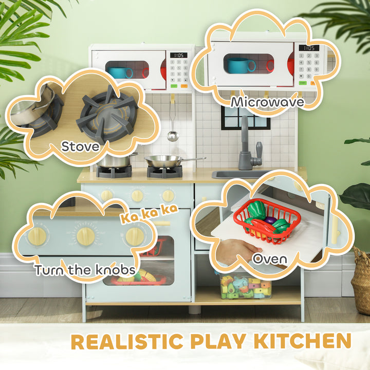 Qaba Pretend Play Kitchen, Kids Kitchen Playset with Stove Microwave Oven, Turning Knobs, Cooking Accessories