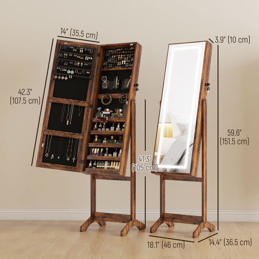 HOMCOM Lockable Jewelry Armoire with LED Light, Standing Mirror with Storage for Bedroom Dressing Room, Rustic Brown
