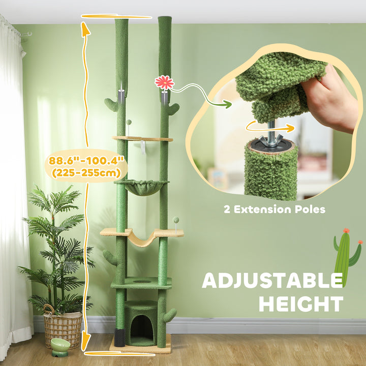 PawHut 89"-100" Floor to Ceiling Cat Tree Cat Tower for Large Cats w/ Scratching Posts, Grooming Brush Post, Cat Condo, Green