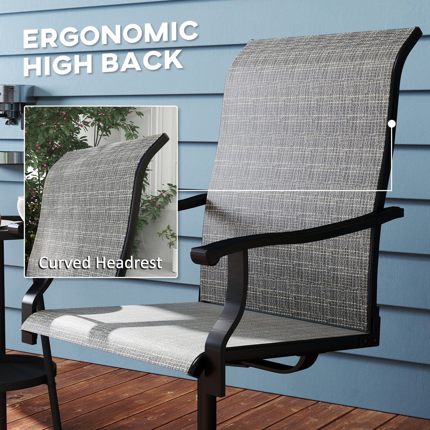 Outsunny Outdoor Swivel Dining Chairs Set of 2, High Back Swivel Chairs with All Weather Mesh for Deck, Backyard, Poolside, Grey