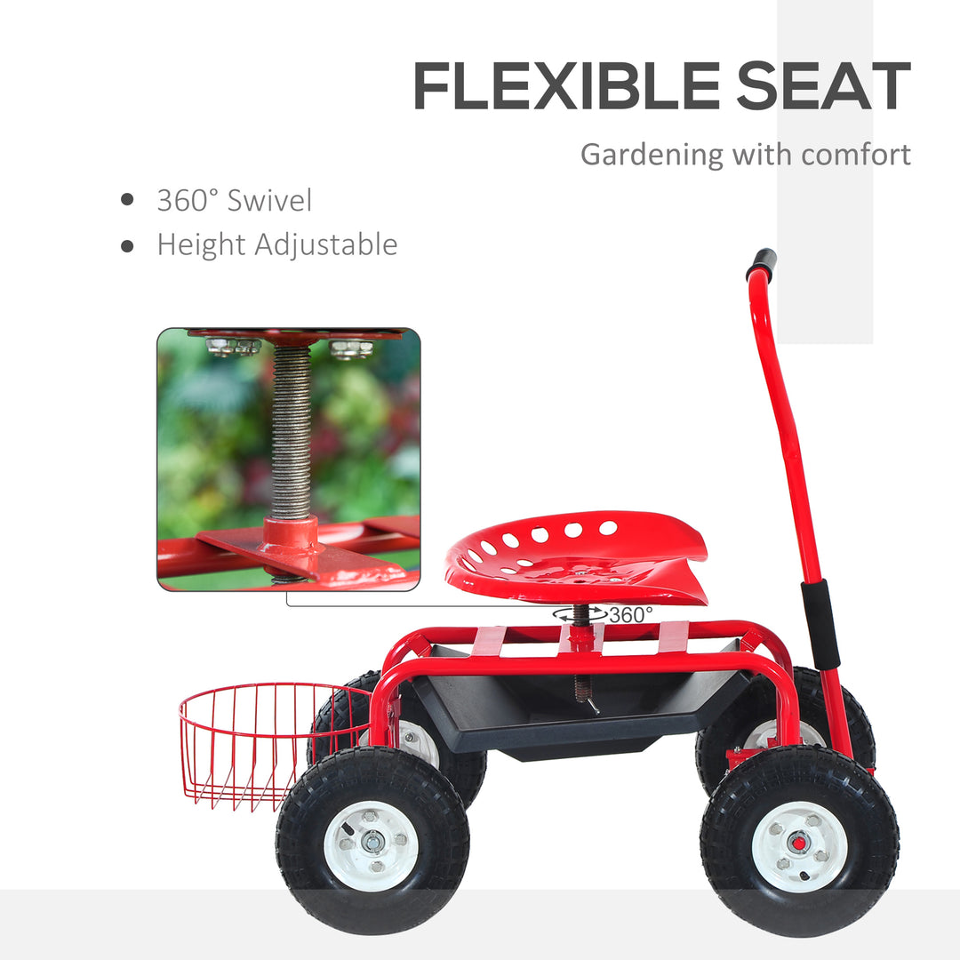 Outsunny Garden Scooter, Rolling Cart with Swivel and Adjustable Seat, Tool Tray, Bucket Basket, Red and Black