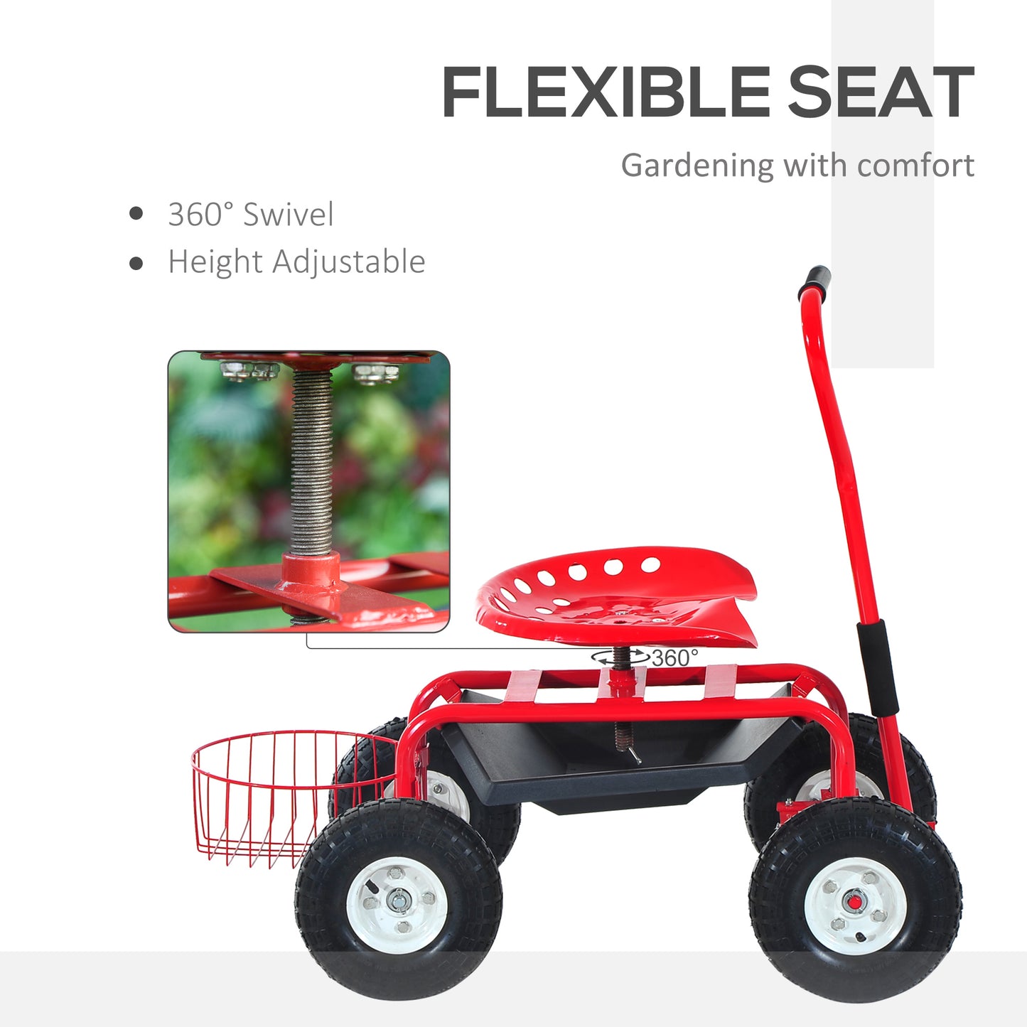 Outsunny Garden Scooter, Rolling Cart with Swivel and Adjustable Seat, Tool Tray, Bucket Basket, Red and Black
