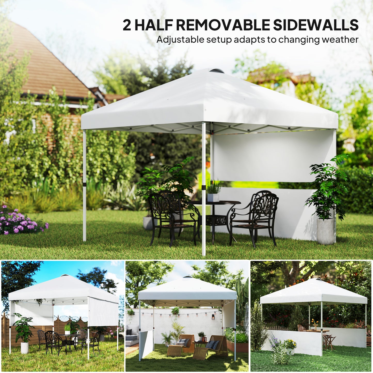 Outsunny 10' x 10' Pop Up Canopy Tent with 2 Half Sidewalls, UV50+ Height Adjustable Instant Sun Shelter, White