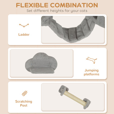 PawHut Wall Mounted Cat Shelves with Scratching Post, Ladder, Condo, Jumping Platforms, Light Grey