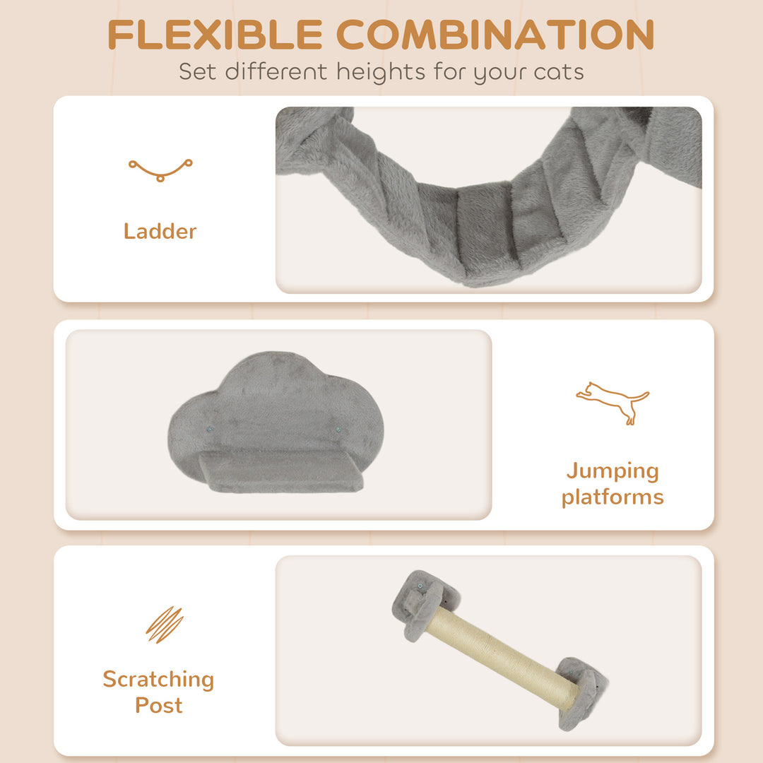 PawHut Wall Mounted Cat Shelves with Scratching Post, Ladder, Condo, Jumping Platforms, Light Grey