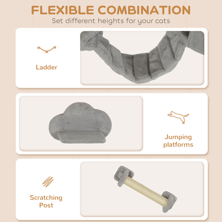 PawHut Wall Mounted Cat Shelves with Scratching Post, Ladder, Condo, Jumping Platforms, Light Grey