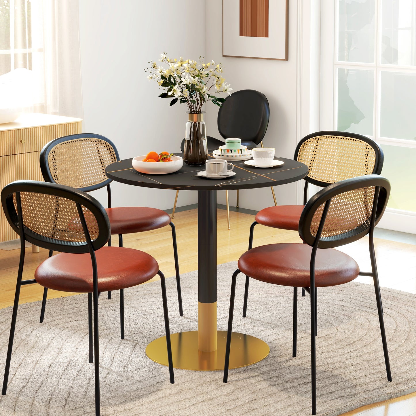HOMCOM Round Dining Table, Modern Dining Room Table with Faux Marble Top, Steel Base, Space Saving Small Kitchen Table, Black