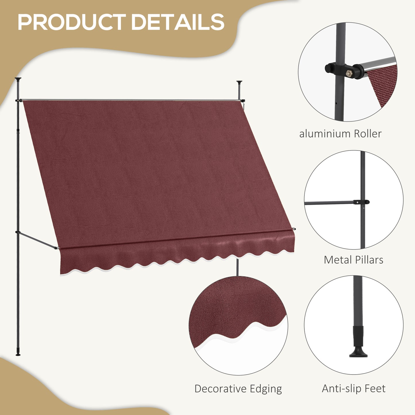 Outsunny 6.5' x 4' Manual Retractable Awning, Non-Screw Freestanding Patio Awning, UV Resistant, for Window or Door, Wine Red
