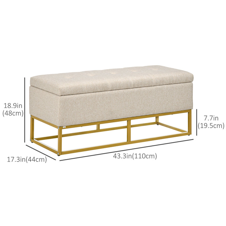 HOMCOM Storage Ottoman with Flip Top, Upholstered Storage Bench, Linen Fabric Footstool with Steel Legs for Living Room, Bedroom, Beige