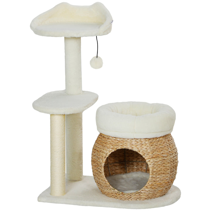 PawHut 31" Cat Tree Tower with Scratching Posts, Cat Condo, Beds, Platform, Toy Ball, for Indoor Cats, Cream White