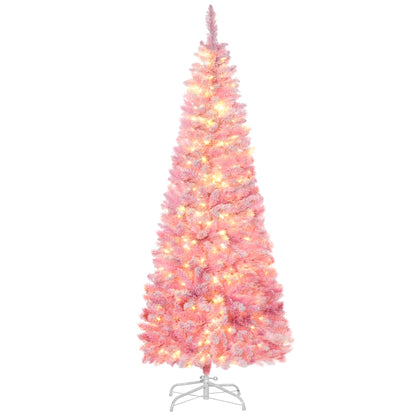 HOMCOM 6 Foot Prelit Snow Flocked Artificial Christmas Tree with Pencil Shape, 500 Pine Realistic Branches, Warm White LED lights, Auto Open, Pink and White