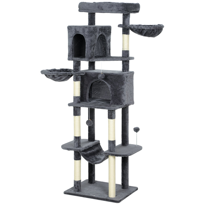 PawHut 69" Cat Tree, Multi-Level Cat Tower with 2 Condos, Plush Perch and Sisal Scratching Posts, Dark Grey