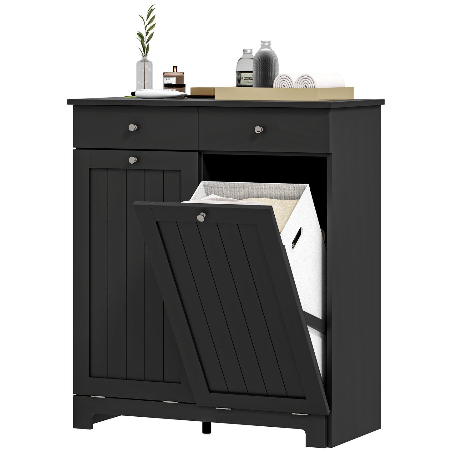 HOMCOM Laundry Cabinet, Tilt Out Laundry Hamper Cabinet with 2 Baskets, Bathroom Hamper Cabinet with 2 Drawers, Black