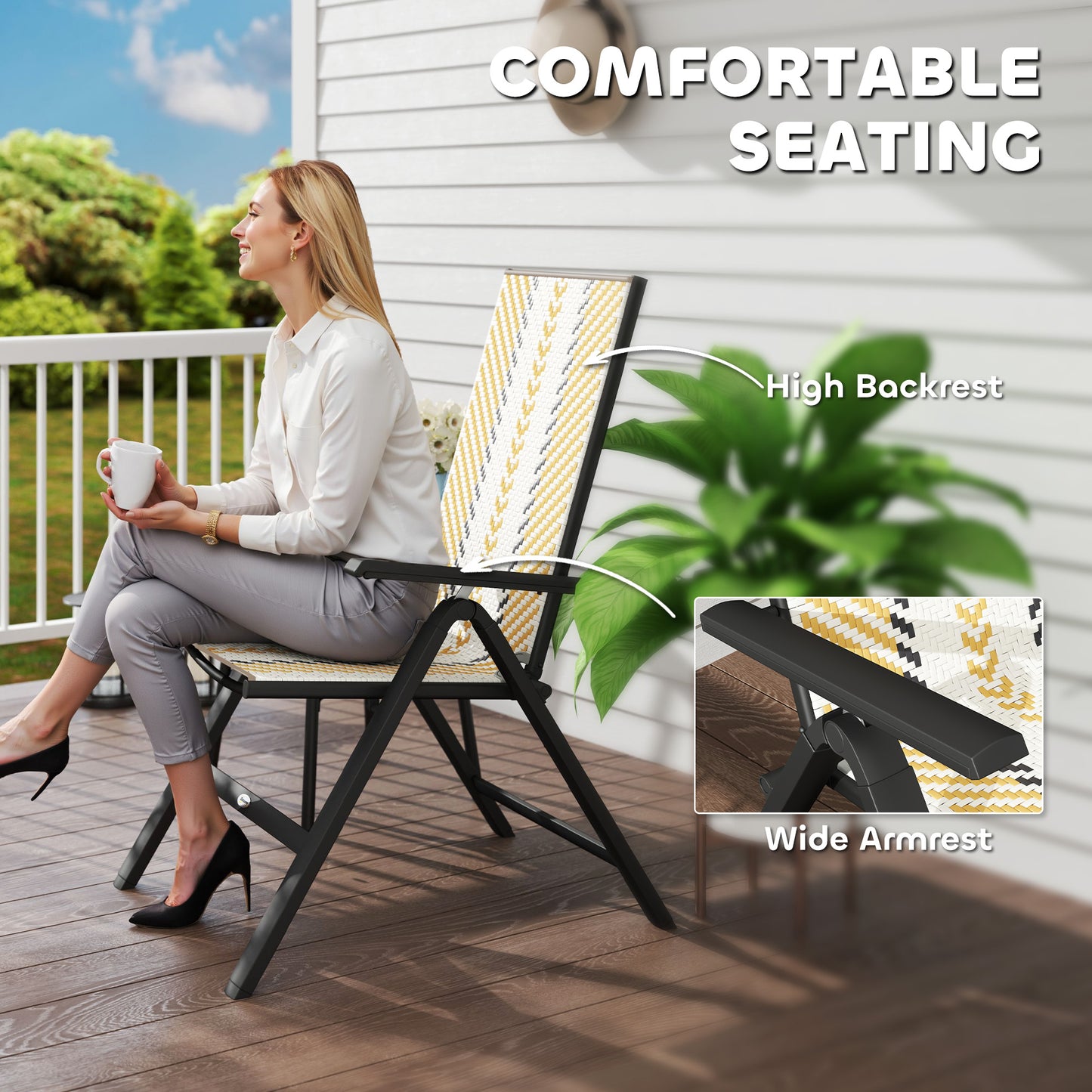 Outsunny Outdoor Wicker Chairs Set of 2 with 5-Position Adjustable Backrest, Armrest, Steel Frame, Orange