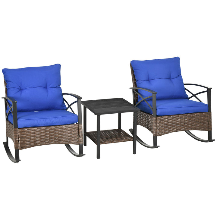 Outsunny 3 Pcs Outdoor PE Rattan Rocking Chair Set, Bistro Set with Two-tier Table, Padded Cushions for Garden, Dark Blue
