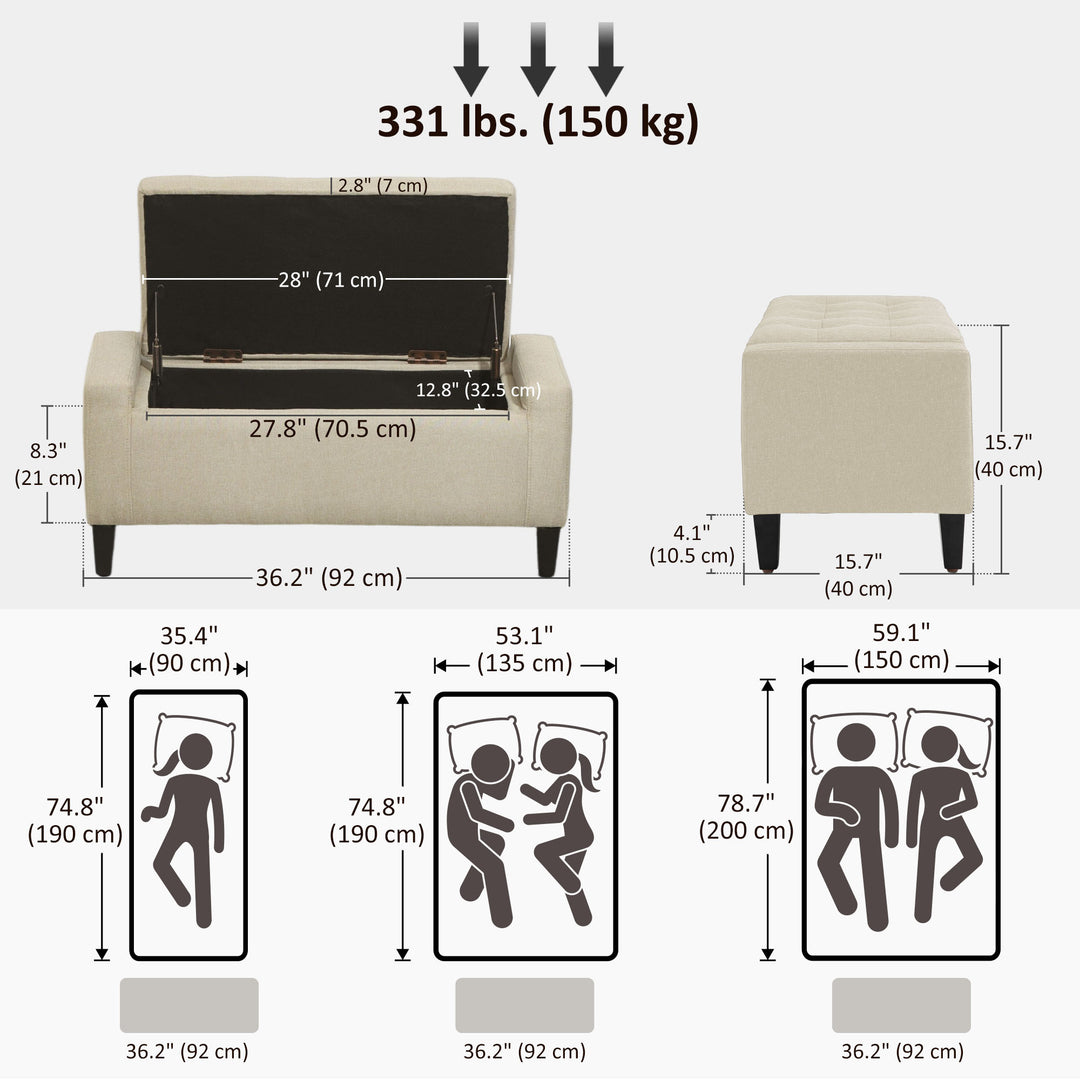HOMCOM Storage Ottoman Bench, Linen Upholstered Bench with Tufted Design, Brown