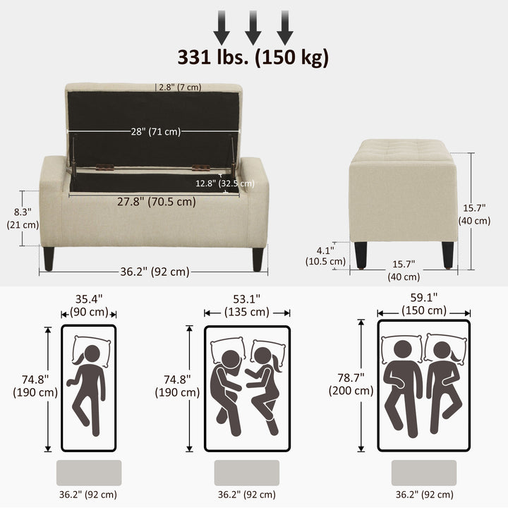 HOMCOM Storage Ottoman Bench, Linen Upholstered Bench with Tufted Design, Brown