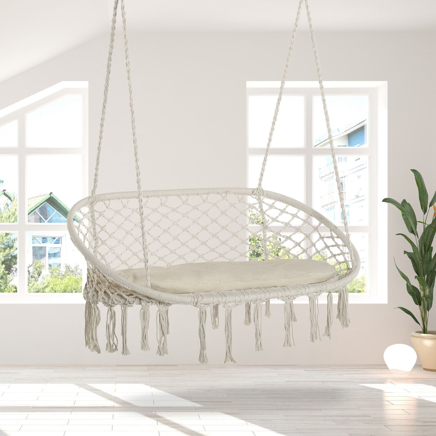Outsunny Patio Hammock Chair 2 Seat, Hanging Rope Hammock Swing Chair with Metal Frame and Cushion, Large Macrame Seat for Indoor and Outdoor 396 lbs Capacity, Dark Grey