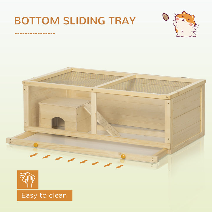 PawHut Small Animals Kit Hutch w/ Sliding Tray, Exercise Play House for Dwarf Hamsters, Gerbils, Chinchillas, Natural Wood