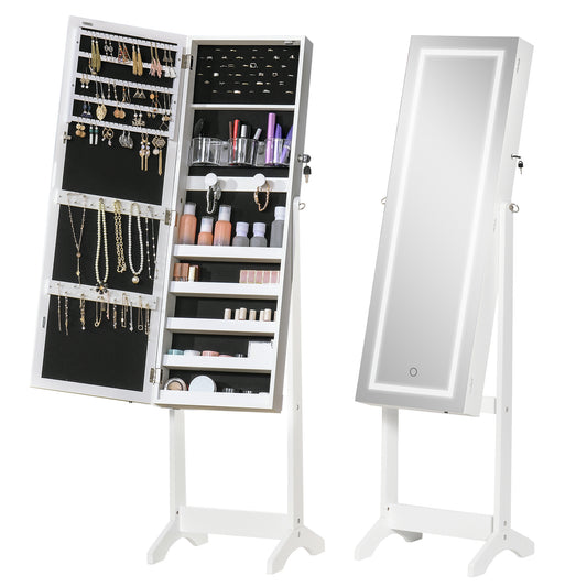 HOMCOM Lockable Jewelry Armoire with LED Light, Standing Mirror with Storage for Bedroom Dressing Room, White