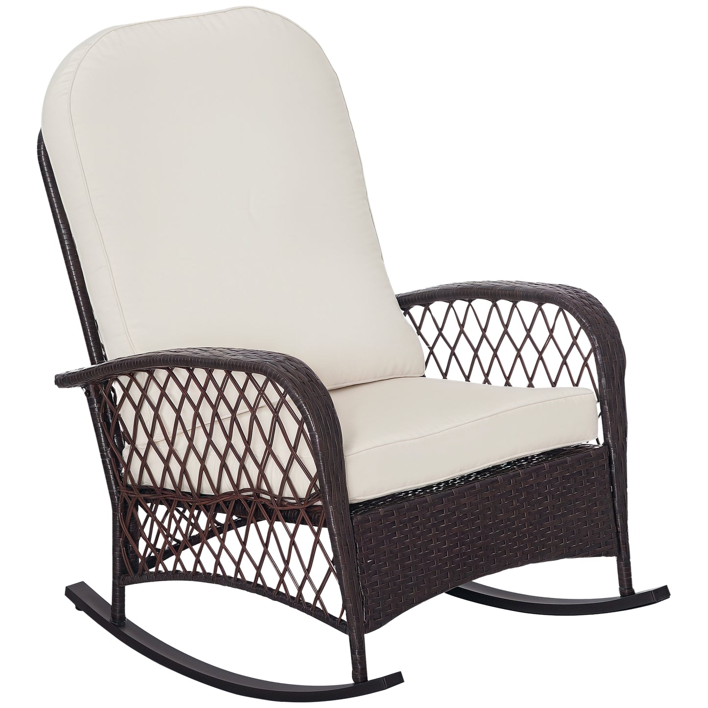 Outsunny Rattan Rocking Chair, Outdoor Wicker Patio Rocker Chair Furniture with Thick Cushions, for Garden Backyard Porch, Khaki