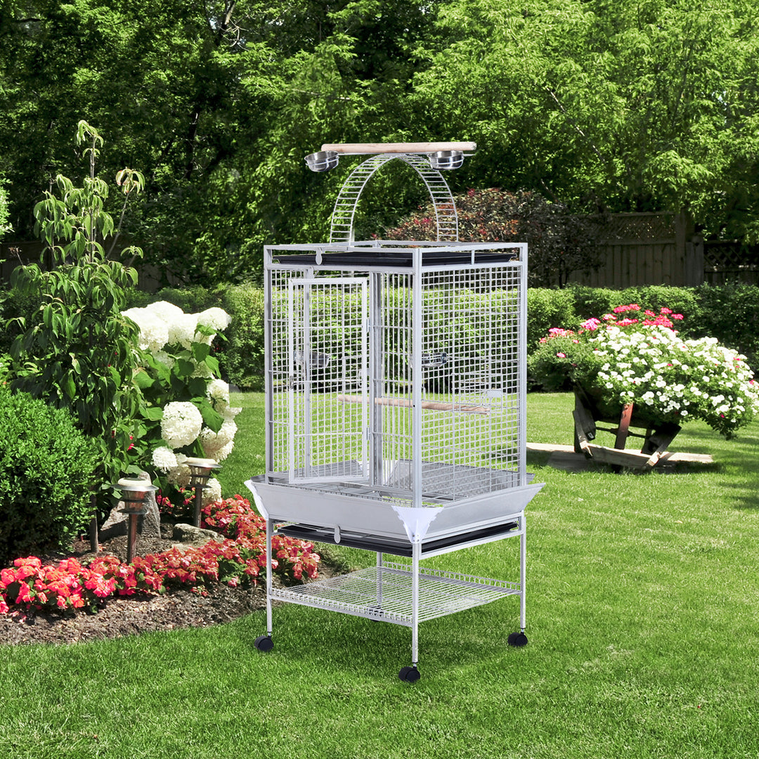 PawHut 63" Large Bird Parrot Cage Stand Finch Feeder Play Top House Perch Bowl Wheels, Silver