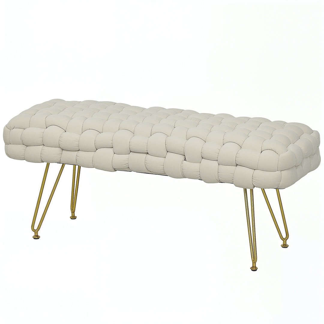 HOMCOM Upholstered Velvet End of Bed Bench 39" Woven End of Bed Bench with Gold Metal Legs for Entryway, Cream White