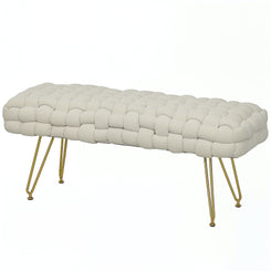 HOMCOM Upholstered Velvet End of Bed Bench 39" Woven End of Bed Bench with Gold Metal Legs for Entryway, Cream White